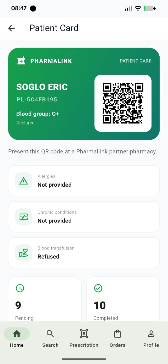 PharmaLink patient interface — digital patient card with qr code