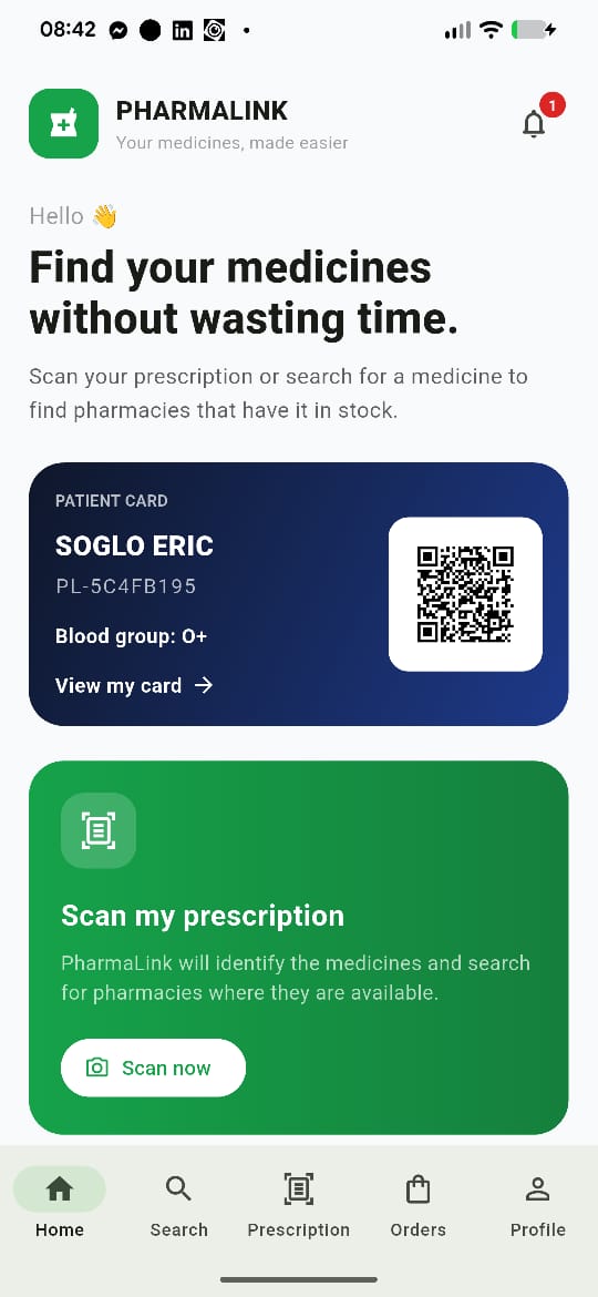 PharmaLink patient interface — prescription scanning and medicine ordering