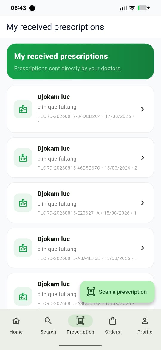 PharmaLink patient interface — received prescriptions