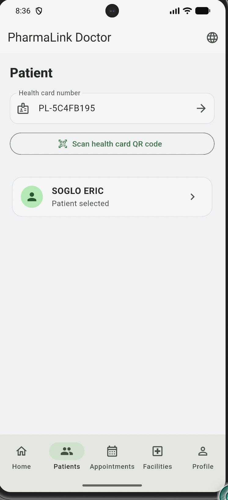 PharmaLink doctor interface — patient lookup