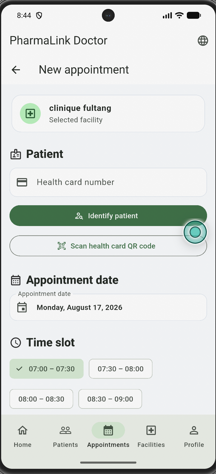 PharmaLink doctor interface — appointments dashboard